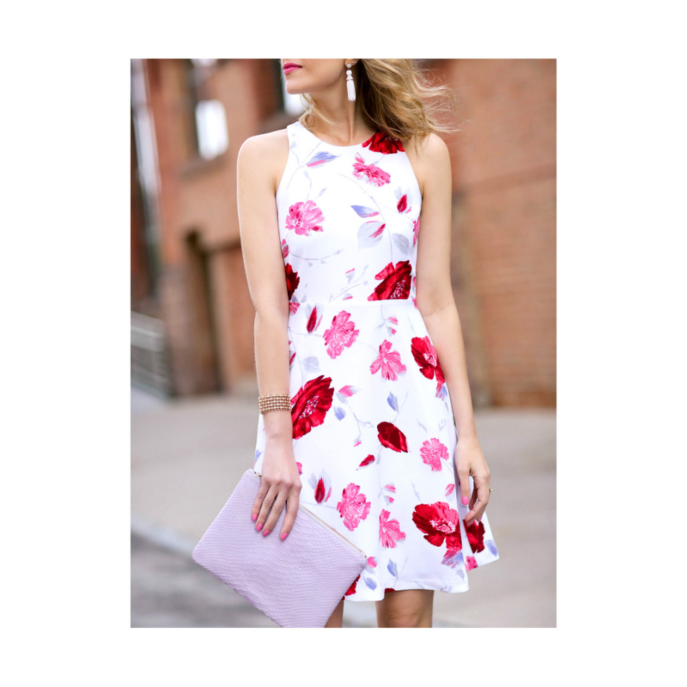 BANANA REPUBLIC Floral White Red Flowers Spring Summer Racerback Dress 6 Petite